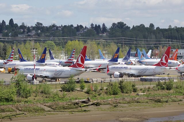 A Boeing 737 MAX passenger airliner parked on a tarmac with safety cones around its landing gear