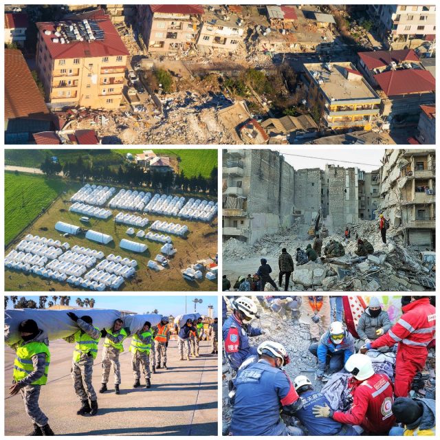 Rescue dogs and orange-vested workers search collapsed concrete slabs in a Turkish city after the February 2023 quake.