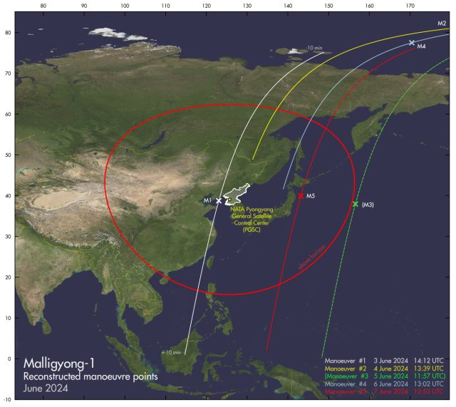A satellite expert analyzes orbital tracking data on a screen showing North Korea's Malligyong-1 satellite path.