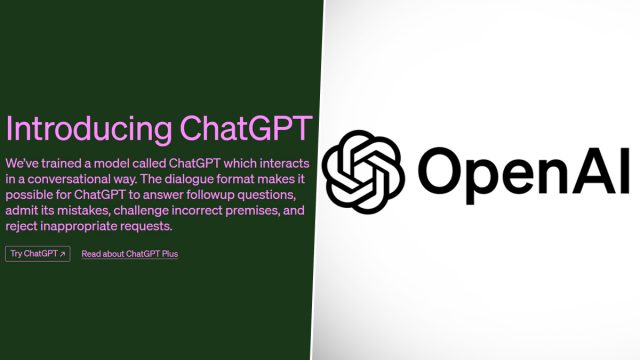 OpenAI logo glows on a laptop screen as hands type prompts into the new ChatGPT chat interface.