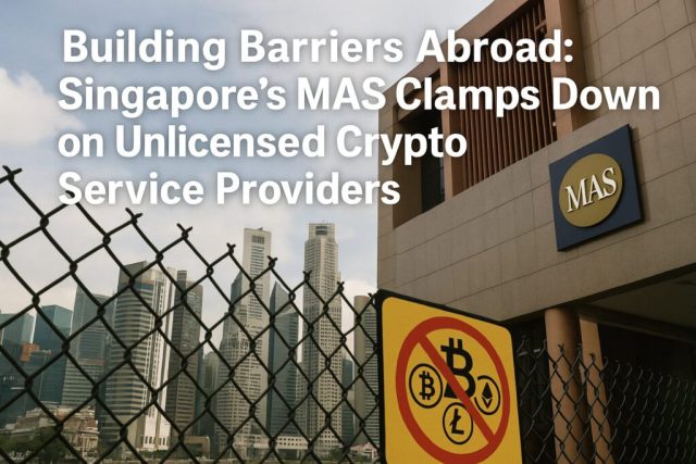 MAS building in Singapore with digital payment icons and a gavel symbolizing regulatory action against unlicensed lenders.