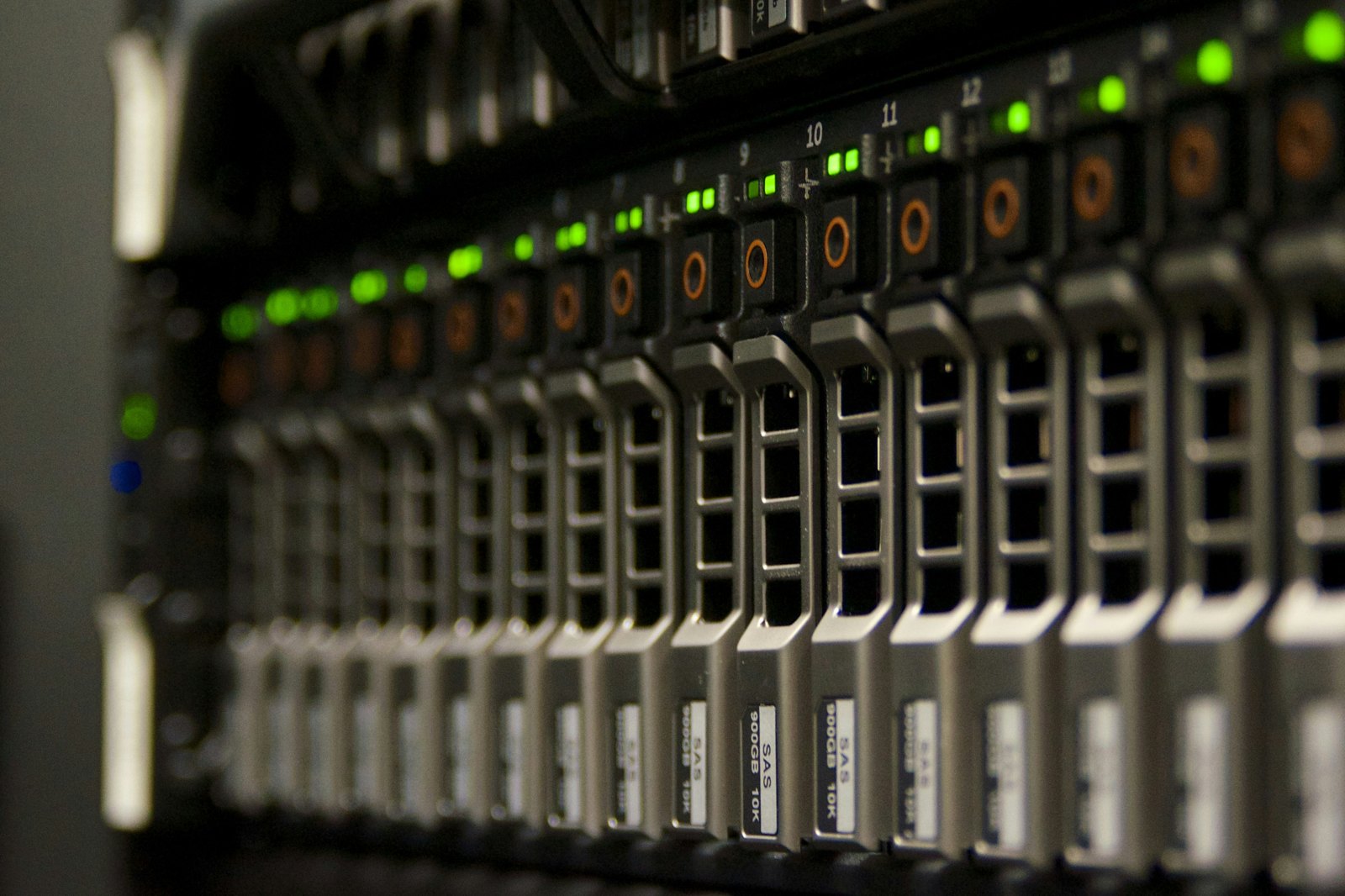Server rack with blinking green lights